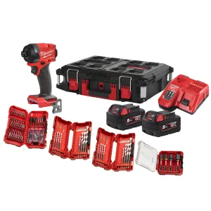 Milwaukee M18FID3100P-502P 18V FUEL Brushless 1/4 Impact Driver with 2 x 5.0Ah Batteries. Charger. Packout Case & Accessories Set