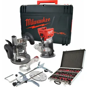 Milwaukee M18FTR-0 18V Brushless Trim Router in Case   1/4 35 Piece Cutter Set