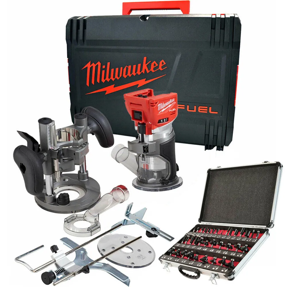 Milwaukee M18FTR-0 18V Brushless Trim Router in Case   1/4 35 Piece Cutter Set