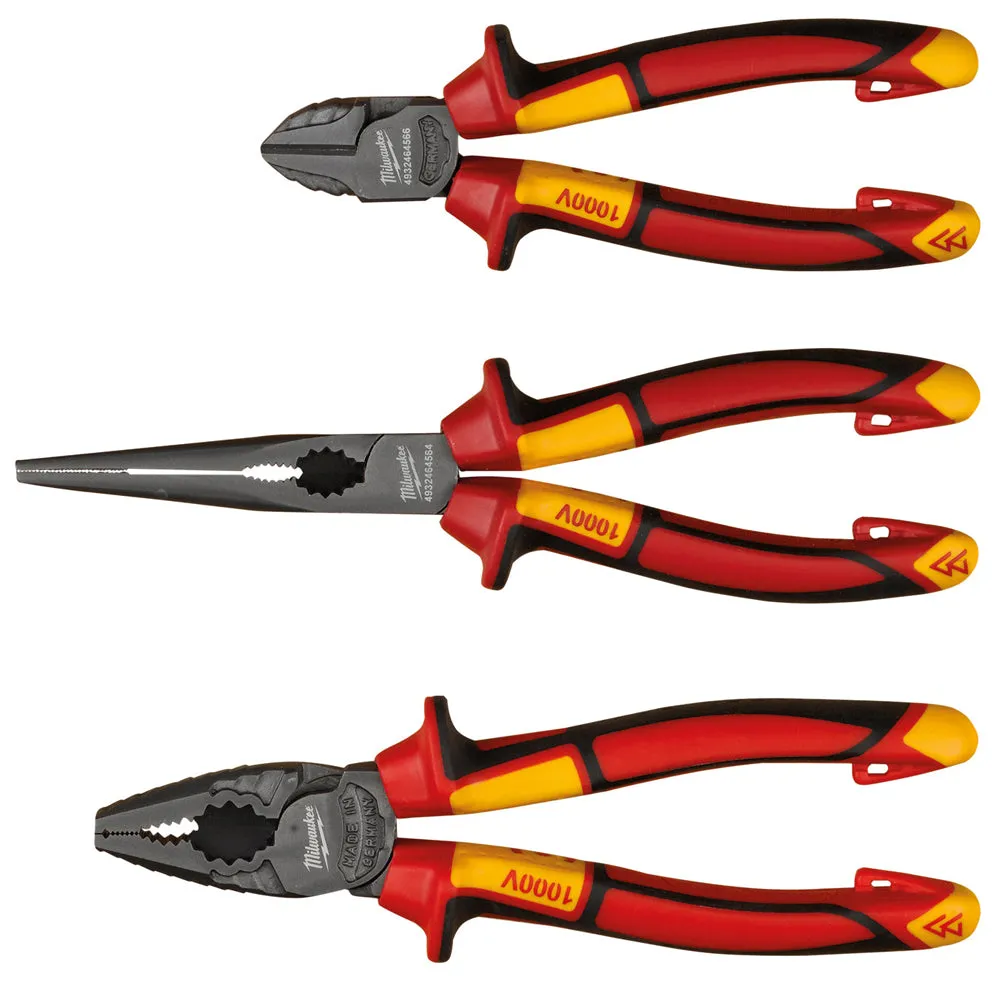 Milwaukee VDE Pliers 3pc Set Diagonal Cutter. Long Round Nose Plier. Combi Plier 4932464575