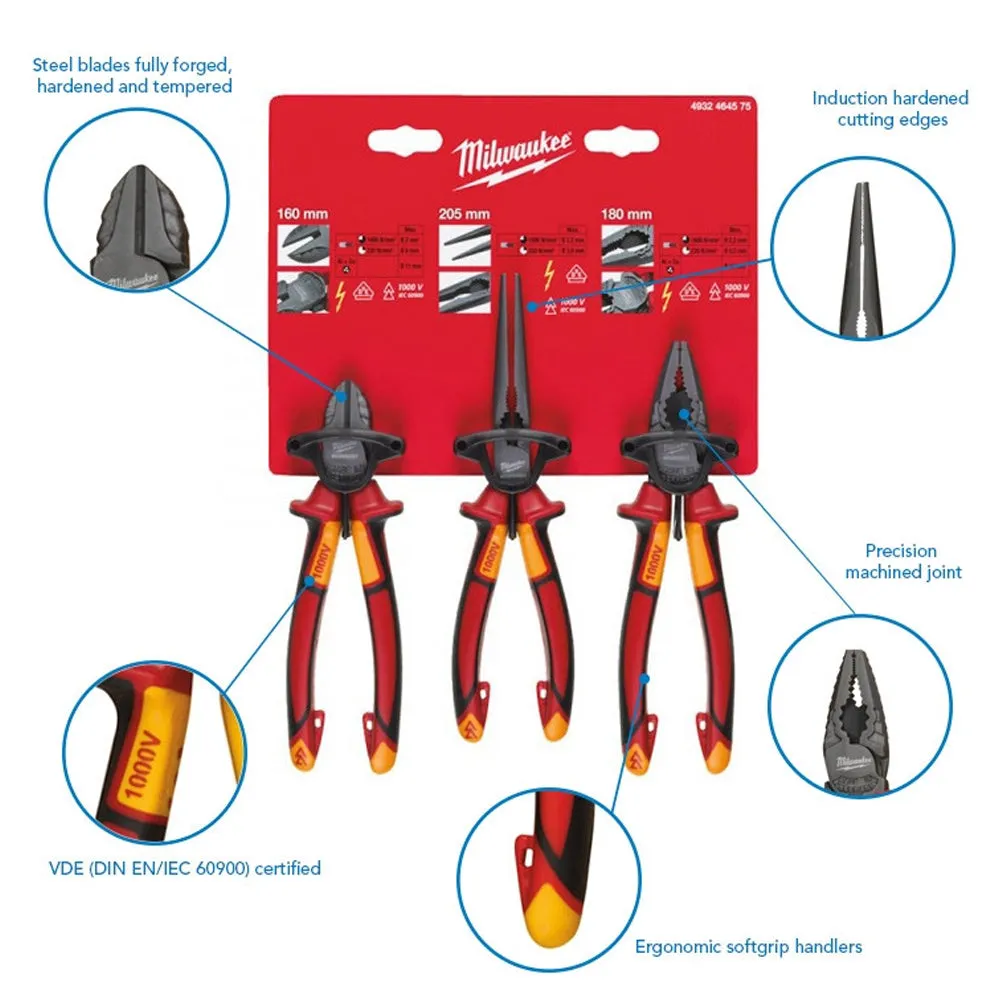 Milwaukee VDE Pliers 3pc Set Diagonal Cutter. Long Round Nose Plier. Combi Plier 4932464575