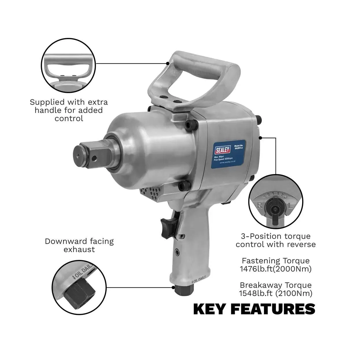 Sealey SA297 1Sq Drive Air Impact Wrench Twin Hammer