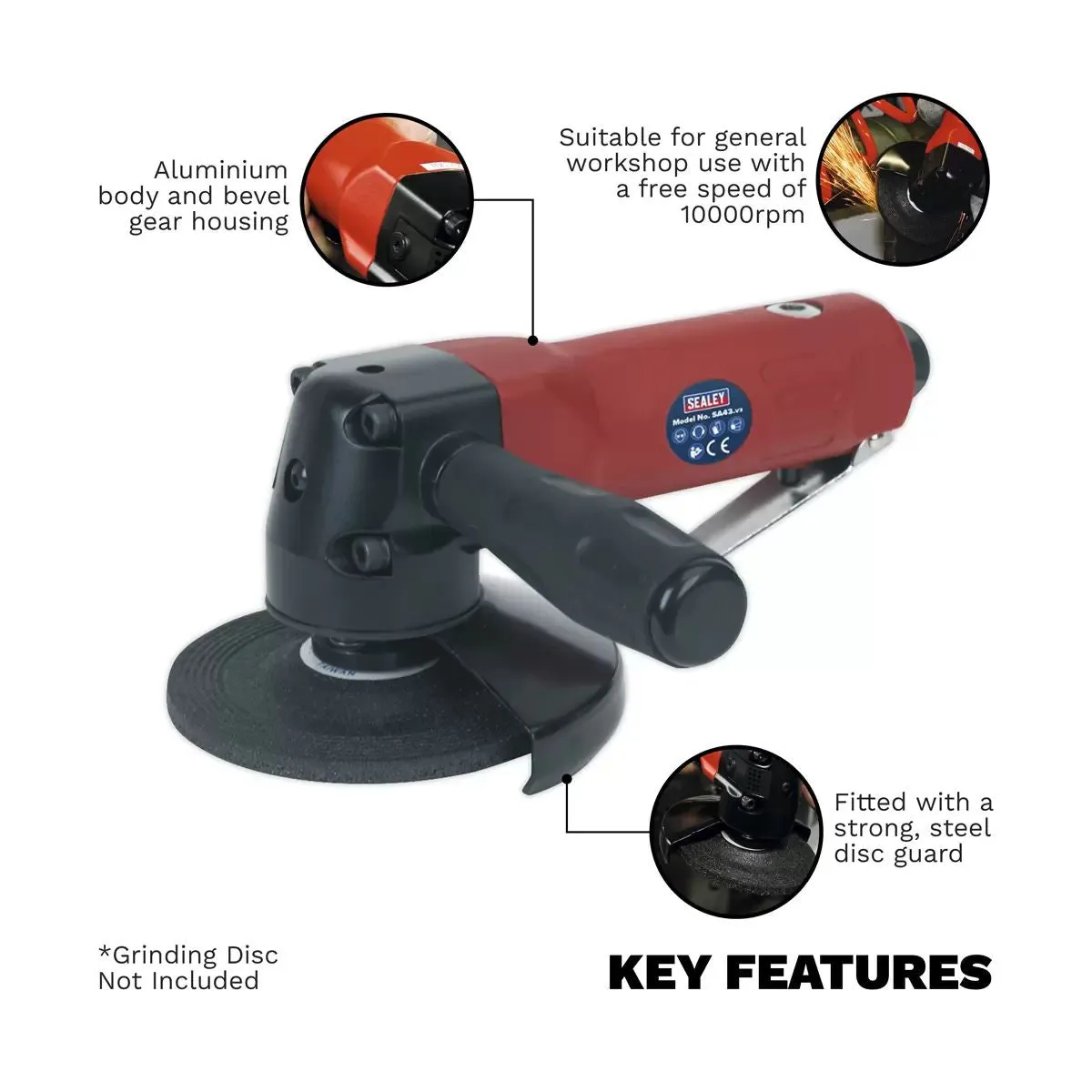Sealey SA43 Air Angle Grinder 100mm Heavy-Duty