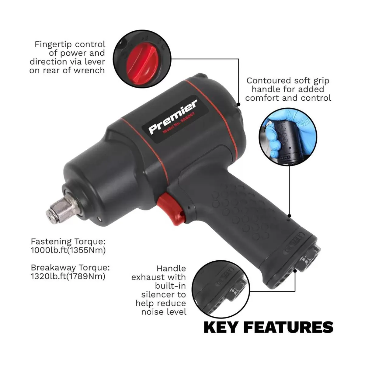 Sealey SA6007 1/2Sq Drive Composite Air Impact Wrench Twin Hammer