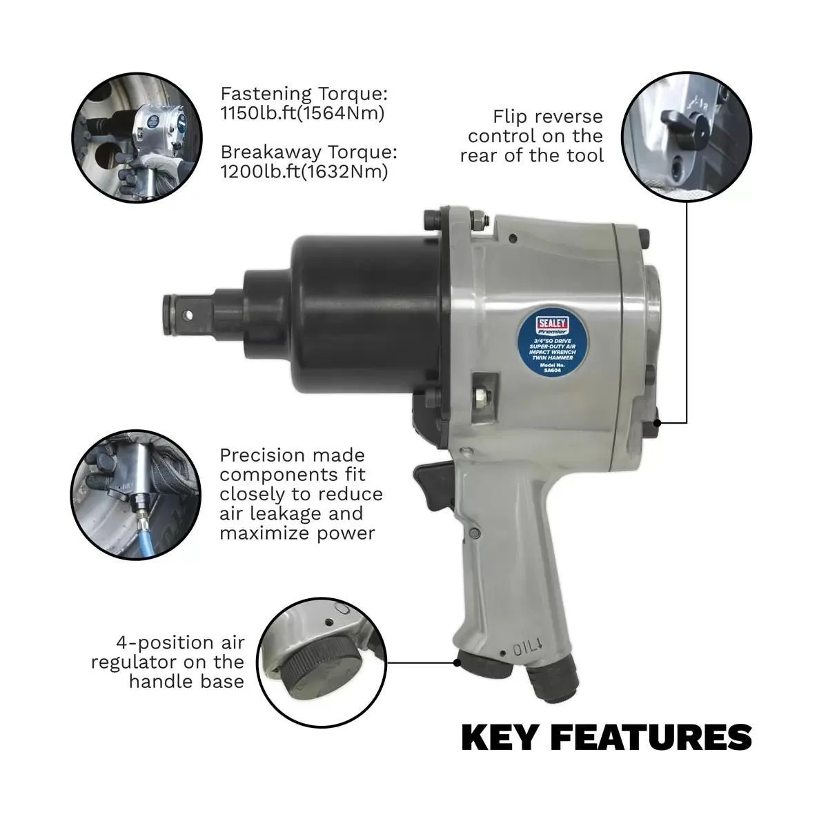 Sealey SA604 3/4Sq Drive Premier Air Impact Wrench Twin Hammer