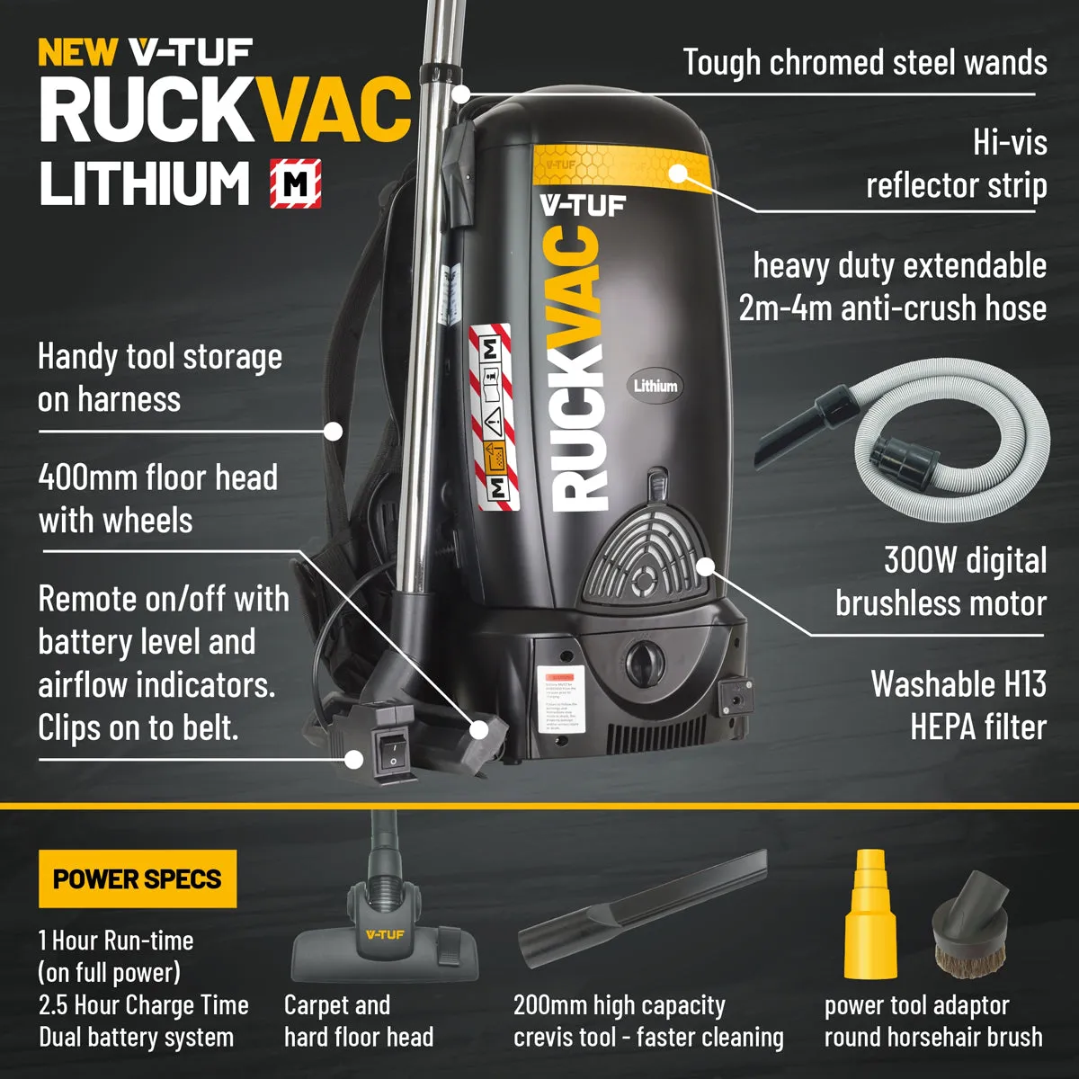 V-TUF RUCKVAC-ION Cordless M-Class Rated Backpack Vacuum Cleaner with Lung Safe Hepa